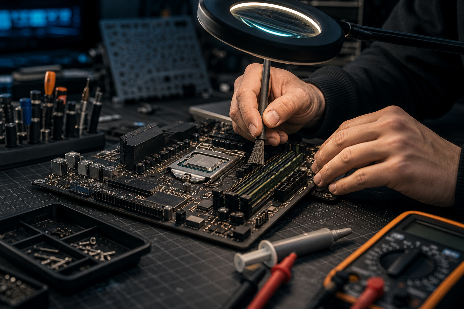 Close-up of a motherboard being cleaned and inspected on a repair bench.