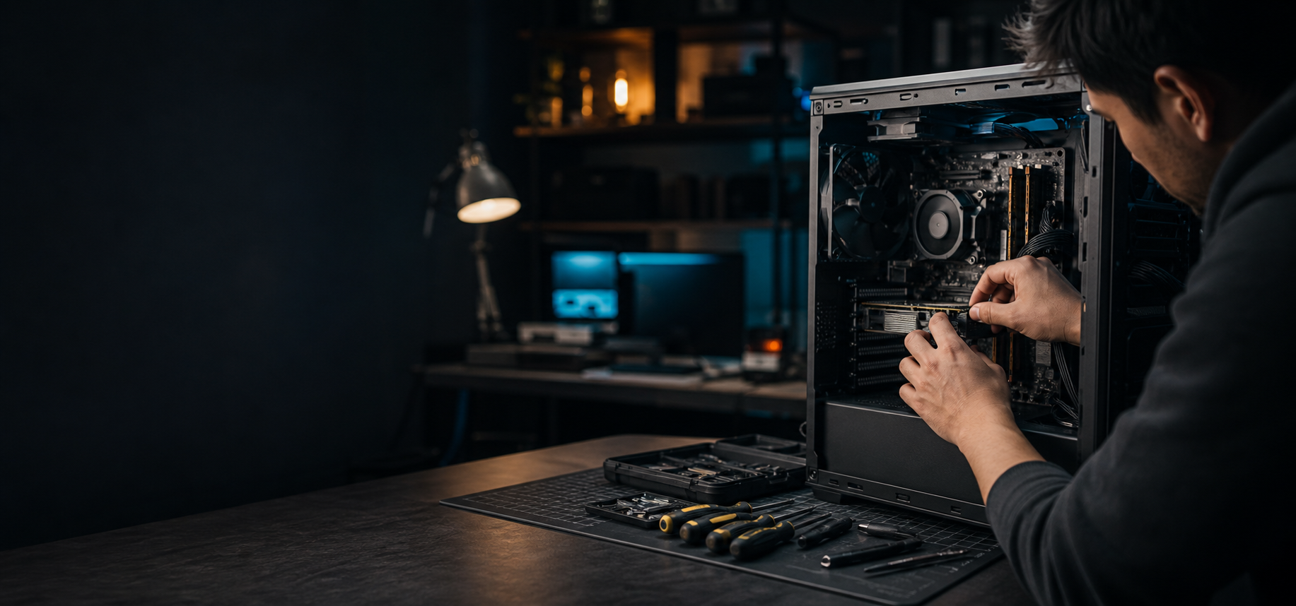 A PC repair bench with an open desktop and careful component work in progress.